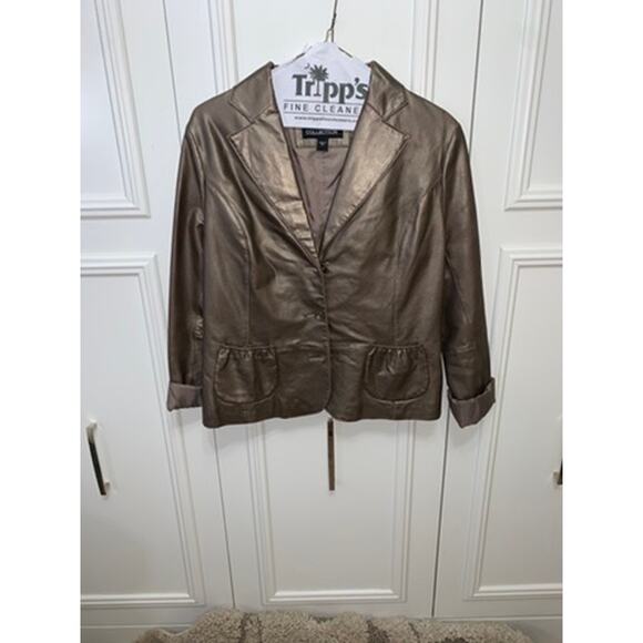 B Collection Women's Bronze Metallic Leather Blazer Jacket XL Lapel Collar - Picture 1 of 7